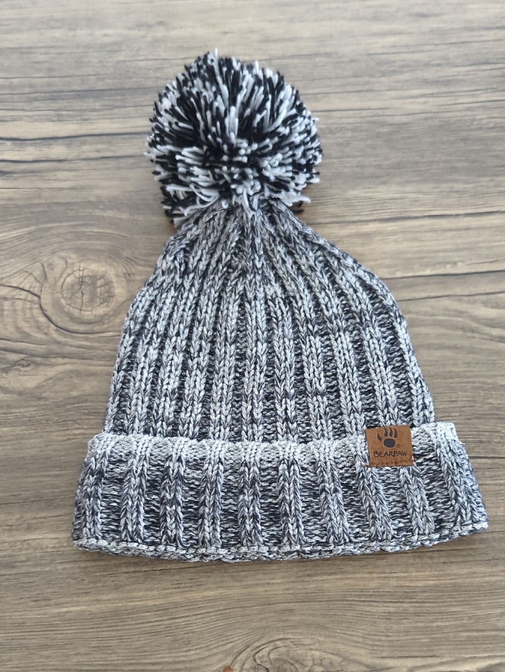 BearPaw Black and White Marled Pom Beanie